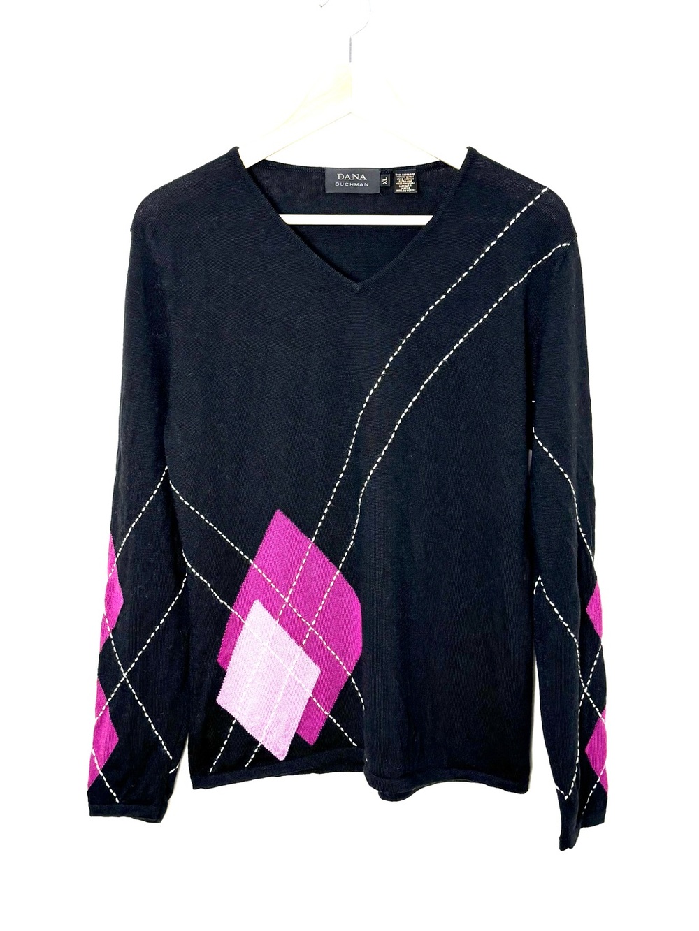Dana Buchman Merino Argyle V-Neck Sweater Extra Fine Wool Black + Pink Fits L
